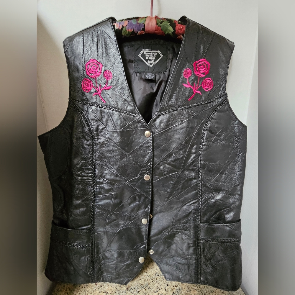 Diamond Plate Black Buffalo Leather Vest with Pink Rose Embroidery Wms. 2X
